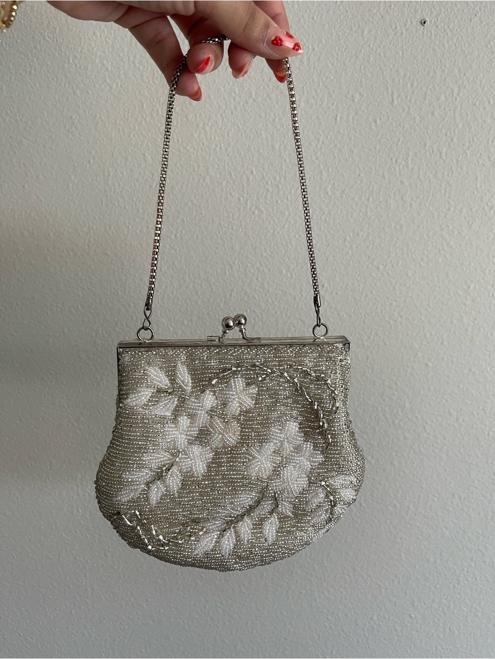 Vintage Silver Beaded Floral Evening Bag